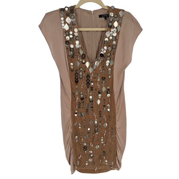 Nanette Lepore Silk & Velvet Mini Dress Sheath Cream Beige Embellished Size 4 - Picture 2 of 11